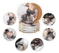 JJ PRIME - Ceramic Coasters Set Of 6 | Absorbent Coasters With Holder | Drink Coasters with Cork Based - Non Scratch, Anti Slip Glass Coasters House Warming Gifts (Black Marble)