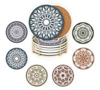 JJ PRIME - Ceramic Coasters Set Of 6 | Absorbent Coasters With Holder | Drink Coasters with Cork Based - Non Scratch, Anti Slip Glass Coasters House Warming Gifts (Mandala)