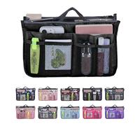 JJ PRIME - Multi-Compartment Handbag Insert | Expandable Liner Bag Pouch Zipper Closure | Tote Bag Organiser Insert with 13 Pockets and Handle for Easy Lifting (Travel, Cosmetics, Toiletries), Black