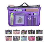 JJ PRIME - Multi-Compartment Handbag Insert | Expandable Liner Bag Pouch Zipper Closure | Tote Bag Organiser Insert with 13 Pockets and Handle for Easy Lifting (Travel, Cosmetics, Toiletries), Purple