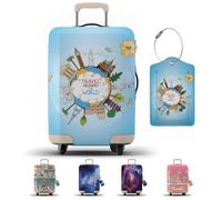 JJ PRIME - Suitcase Cover with Luggage Tag | Luggage Protector | Suitcase Protector Cover with Zipper - Luggage Cover Protection (Travel Around The World, M)