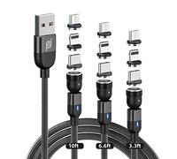 JJA 3 in 1 Magnetic Charging Cable, Pack of 3, [3.3ft+6.6ft+10ft, Black] Multi Charger Cable, 360° & 180° rotation, Nylon Braided, 2.4A Fast Charger Cable for Smartphones Micro USB/Type C/Phone