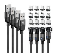 JJA Magnetic Charger Cable, Pack of 4, 2x1m,2m & 3m Long, 360°+180° Rotating, Flexible, Fast Charging, Visibility LED & Nylon Braided, Compatible with Micro USB, Type C, i-connector (Black)