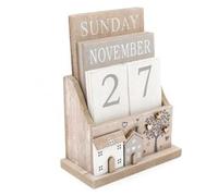 JJA Wooden House and Tree Calendar Wooden Flip Desk Blocks Calendar Sweet House Scene and Tree Decal 16 x 12 x 6cm Week Month Date Display Home Office Decoration