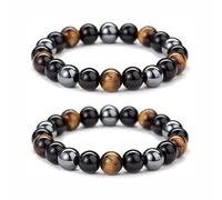 JJaydaily 2PCS Natural Tiger’s Eye & Black Agate Bracelet, Healing Crystal Energy Beads with Hematite, Stretch Elastic Bracelets for Men&Women, Chakra Protection Grounding Stone Present (12mm,19cm)