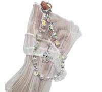 JJaydaily Beaded Phone Charm Wrist Strap Lanyard, Iridescent Aurora Borealis Crystal Pearl Beads with Silver Fox or Cat Pendant, Y2K Aesthetic Jeweled Phone Accessory for Women Girls (Whitle)
