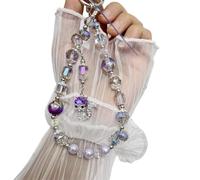 JJaydaily Beaded Phone Charm Wrist Strap Lanyard, Iridescent Aurora Borealis Crystal Pearl Beads with Silver Fox or Cat Pendant, Y2K Aesthetic Jeweled Phone Accessory for Women Girls (Purple)