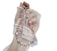 JJaydaily Beaded Phone Charm Wrist Strap Lanyard, Iridescent Aurora Borealis Crystal Pearl Beads with Silver Fox or Cat Pendant, Y2K Aesthetic Jeweled Phone Accessory for Women Girls (Pink)