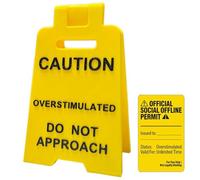 JJBAOER Funny Office Prank Desk Sign, Caution Overstimulated Do Not Approach - Humorous Gag Gift & Funny Desk Accessories for Coworkers, Boss & Teammates, Includes Social Offline Permit Card