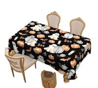 JJDFW 2 pcs Halloween round and rectangular tablecloths with orange pumpkins and white ghosts on a black background