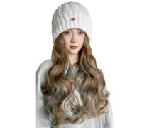 JJDFW Black wig, full-body cap women's autumn winter fashion knitted hat with highlights simulated long curly hair woolen fake
