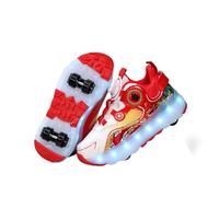 JJDFW Kids Double Row Quad Detachable Roller Sneakers With LED Lights, Mesh Upper With Twist Lock Closure And Dragon Print, Walking And Skating 2 In 1 Shoes, White Red White Blue