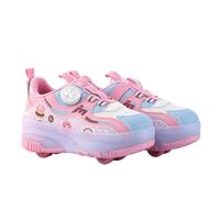 JJDFW Kids Double Row Quad Roller Sneakers With PU Wheels, Mesh Upper With Cartoon Print, Twist Lock And Hook And Loop Closure, Low Top Thick Sole For Walking And Skating, Pink Purple Black