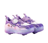 JJDFW Kids Double Row Quad Roller Sneakers With PU Wheels, Mesh Upper With Cartoon Print, Twist Lock And Hook And Loop Closure, Low Top Thick Sole For Walking And Skating, Pink Purple Black