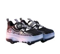 JJDFW Kids Double Row Quad Roller Sneakers With PU Wheels, Mesh Upper With Cartoon Print, Twist Lock And Hook And Loop Closure, Low Top Thick Sole For Walking And Skating, Pink Purple Black
