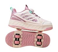JJDFW Kids Double Row Transforming Roller Sneakers With Mesh Upper And Twist Lock Closure, PU Wheels, Retractable Wheels For Walking And Skating, Black Brown Pink