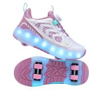 JJDFW Kids Double Row Transforming Roller Sneakers With Mesh Upper And Twist Lock Closure, PU Wheels, Retractable Wheels For Walking And Skating, Black Brown Pink