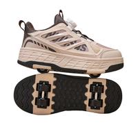 JJDFW Kids Double Row Transforming Roller Sneakers With Mesh Upper And Twist Lock Closure, PU Wheels, Retractable Wheels For Walking And Skating, Black Brown Pink