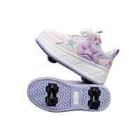 JJDFW Kids Four Wheel Retractable Roller Sneakers, Mesh Upper With Twist Lock Closure And Star Design, Lightweight Outsole For Walking And Skating 2 In 1, Pink Purple
