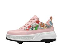 JJDFW Kids Retractable 2 Wheel Roller Sneakers, Walking and Skating 2 in 1 Shoes with Cartoon Print Synthetic Leather Upper, Low Top Thick Sole, Black White Pink
