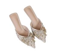 JJDFW Womens Pointed Closed Toe Rhinestone Bow Stiletto Heel Mule Sandals Slip On Dressy Summer Flats