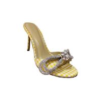JJDFW Womens Round Toe Mule Slippers Stiletto Heel Plaid Pattern Rhinestone Bow Embellishment Slip On High heels Sandals