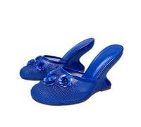 JJDFW Womens Round Toe Wedge Heel Sandals Fishnet Mesh Open Back Slide Embroidered Floral Flower Embellishment Dressy Shoes