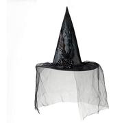 JJDreams Ladies Black Witch Hat with Feather & Rose Pointy Witches Hats for Halloween Day of the Dead Corpse Bride