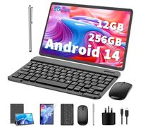 JJGJ Android 14 Tablet,11 inch Tablet with Keyboard, 12GB+256GB, 1TB Expand, 2 in 1 Tablet, 11 inch Tablet with Case, Mouse, Stylus, 8000mAh Battery, 2.4G/5G WiFi, GPS, Certified Tablet PC Silver