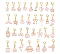 JJGQAZ 60PCS Enamel Charms Set with Golden Lobster Clasp, Assorted 30 Styles Animals Fruit Moon Star Clip-on Charm Pendants for Jewelry Making and Keychain Purse Decoration Crafts, Pink, S