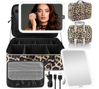 JJhxr 15''X11'' Makeup Bag with Removeable Lighted Mirror, Travel Makeup Case with 3 Color Lights Dimmable Brightness, Large Capacity Cosmetic Organizer Case with Detachable Dividers & Shoulder Strap