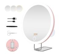 JJhxr 20X Magnifying Mirror with Light,6" Large Makeup Magnifying Mirror,3 colors Dimmable Makeup Mirror with 360° Table Stand,Portable, with 3 Suction Cups(Pink)
