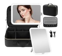JJhxr Large Travel Makeup Bag with Lighted Mirror, Black, 15"L x 10.2"W, Removable Mirror