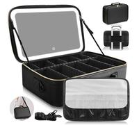 JJhxr Large Travel Makeup Bag with Lighted Mirror, Dark Black, Integrated