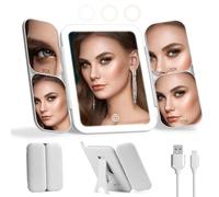 JJhxr Makeup Mirror Vanity Mirror with Lights,Tri-fold LED Mirror with 1X/5X/10X/20X/30X Magnification,Touch Control,Dimmable in 3 Colors,Foldable Stand