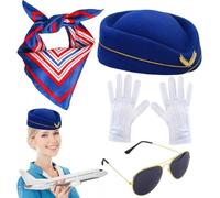 JJIAGOLD Flight Attendant Costume Accessories Set, Air Hostess Beret Hat, Striped Scarf, Stewardess Cosplay Kit for Halloween Party
