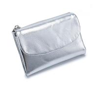 JJIAGOLD Genuine Leather Blocking Card Holder Slim Short Wallet for Women & Men Anti-Theft Credit Card Case with Zipper Coin Pocket Fashion Pebble Leather Mini Purse (Silver)