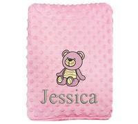 JJLC Personalised Baby Bobble Blanket Embroidered Bear & Name Soft Fleece Wrap (Pink Bobble)