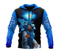 JJLLAZAD Christian Unisex Hoodie,God Jesus 3D Print Full Zip Casual Loose Sweatshirt Fall Long Sleeve Cross Harajuku Jacket,Jesus Blue Zip Hoodie,L