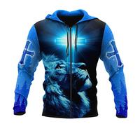 JJLLAZAD Christian Unisex Hoodie,God Jesus 3D Print Full Zip Casual Loose Sweatshirt Fall Long Sleeve Cross Harajuku Jacket,Lion Blue Zip Hoodie,XL
