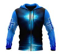 JJLLAZAD Christian Unisex Hoodie,God Jesus 3D Print Full Zip Casual Loose Sweatshirt Fall Long Sleeve Cross Harajuku Jacket,Cross Blue Zip Hoodie,XL