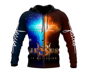 JJLLAZAD Christian Unisex Hoodie,God Jesus 3D Print Full Zip Casual Loose Sweatshirt Fall Long Sleeve Cross Harajuku Jacket,Ice fire Zip Hoodie,3XL