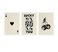 JJPRSFunky Black and White Lucky You Poker Poster Set of 3, Vintage Girly Preppy Cherry Canvas Wall Art, Trendy Ace Of Hearts Playing Card Prints Wall Decor for Teen Girl Bedroom Dorm 12x16in Unframed