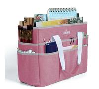 JJRING Craft Organizer Tote Bag, Large Art Storage Caddy with Multiple Pockets, Pink Sewing Bag for Art, Craft, Scrapbooking, Medical, and Office Supplies Storage