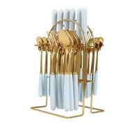JJsdwin 24pcs Mixed Cutlery Set, Knife Fork Spoon Hanging Flatware-Set with Stand, Stainless Steel Tableware Set for Restaurants and Parties, Gold+Blue
