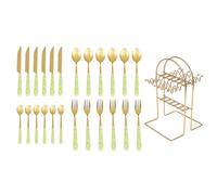 JJsdwin 24pcs Mixed Cutlery Set, Knife Fork Spoon Hanging Flatware-Set with Stand, Stainless Steel Tableware Set for Restaurants and Parties, Gold+Green