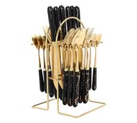 JJsdwin Stainless Steel Cutlery Sets, 24pcs Mixed Cutlery Set with Stand, Knife Fork Spoon Hanging Flatware-Set for Family and Hotels, Golden+White