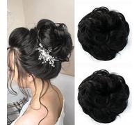JJstar 2PCS Off Black Messy Bun Hair Piece - Curly Updo Extensions