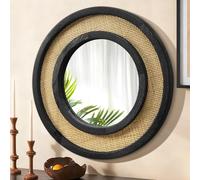 JJUUYOU Circle Wall Mirror with Wood Framed Round Rattan Hanging Mirrors Large Decorative 40cm for Bedroom Living Room Bathroom Entryway Hallway