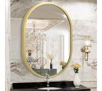 JJUUYOU Metal Frame Oval Mirror Modern Bathroom Mirrors for Wall 40×30 CM Small Aluminum Alloy Wall Mirror Decorative for Living Room Bedroom Entryway Halls Vertical Hanging Mirrors Gold